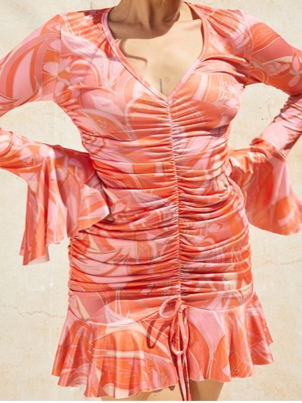Pretty Little Thing Ruched V-Neck Swirl Mini Dress in Orange Pink